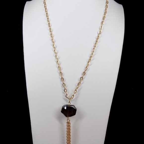 For BR Aureus + Argent Big Brown Stone Pendant Necklace Tassel 28" Gold-tone - Picture 3 of 9